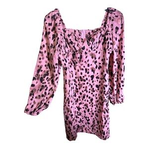 KOKO Super Pink Leopard Puff Sleeve Mini Dress Size Large Boho Statement